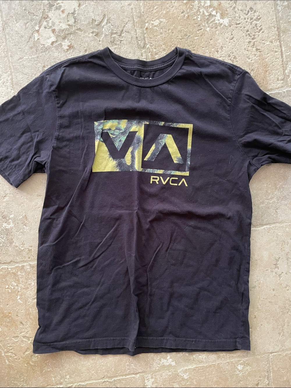RVCA Black Short-Sleeve Tee with Iridescent Blue-Green VA Logo